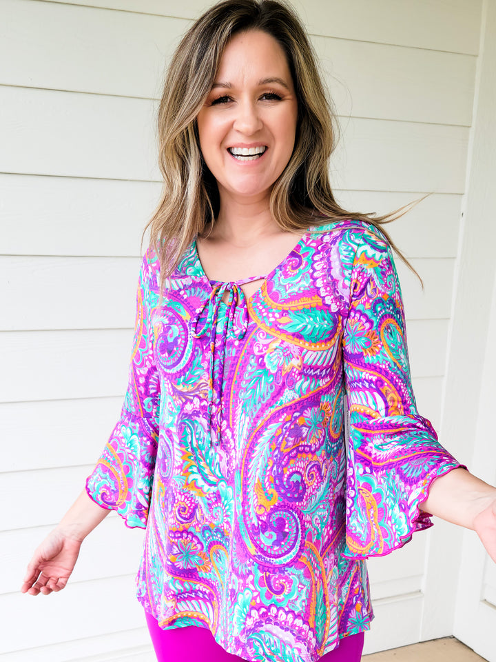 DEAR SCARLETT STRETCHY TIE FRONT TOP 3/4 SLEEVES - TEAL PURPLE PAISLEY