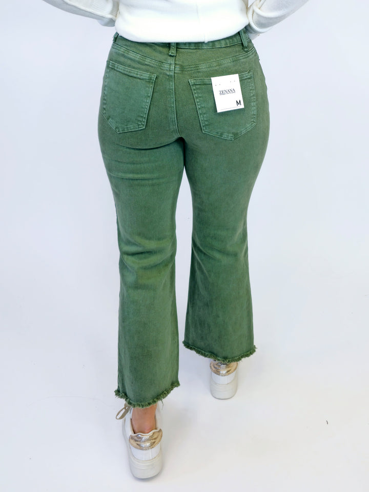 ACID WASHED HIGH WAIST FRAYED HEM BOOTCUT PANTS - OLIVE