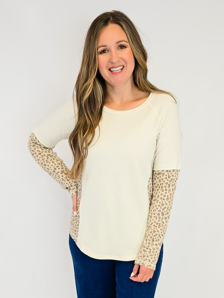 LONG SLEEVE ANIMAL PRINT CONTRAST TOP - CREAM