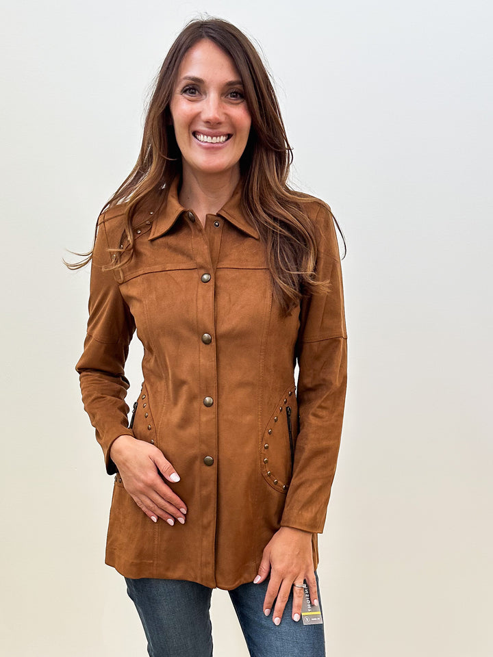 STUDDED BUTTON FRONT SUEDE LONG JACKET - BROWN