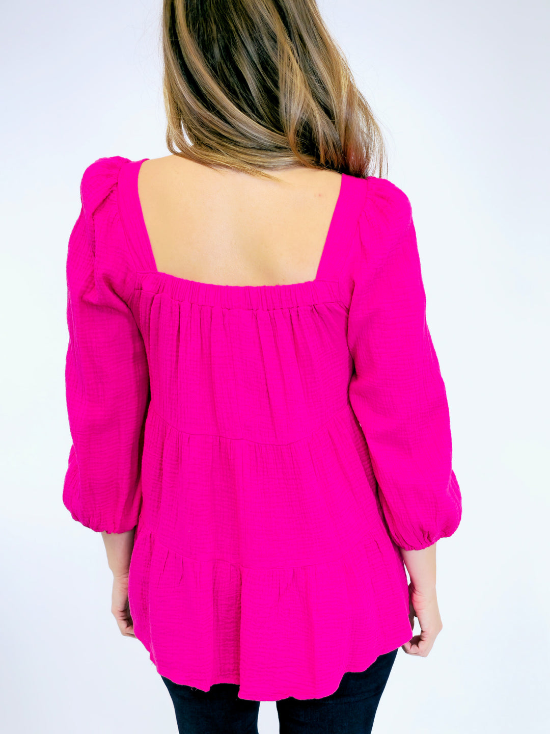 3/4 SLEEVE TIERED GAUZE TOP - FUCHSIA