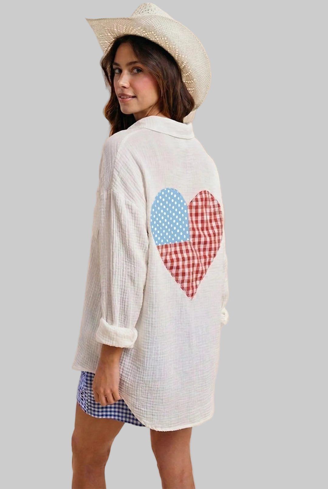 4TH OF JULY CHECK HEART PATCH COTTON GAUZE SHIRT - WHITE