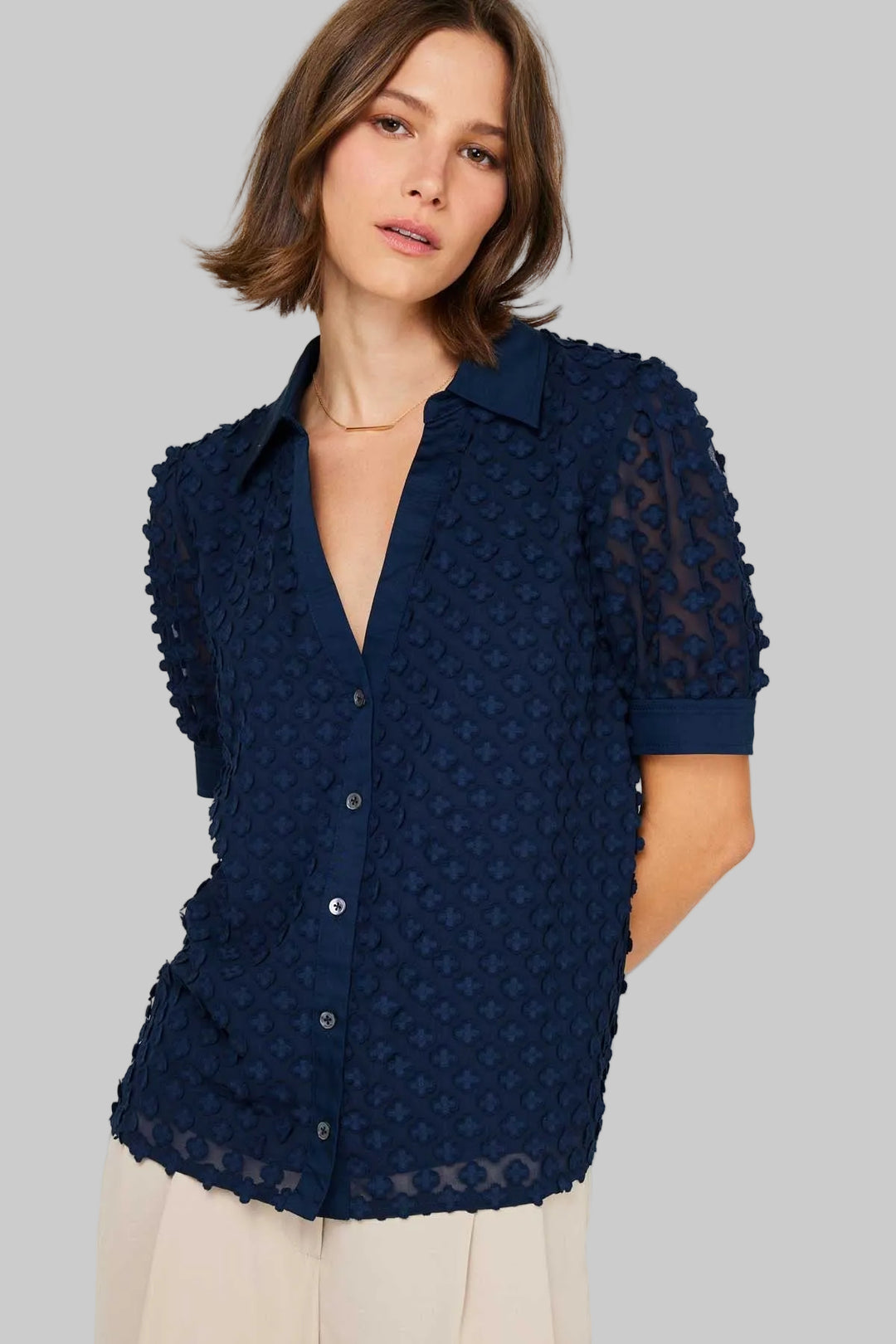 HALF SLEEVE COLLARED SPLIT NECK BUTTON DOWN BLOUSE - NAVY