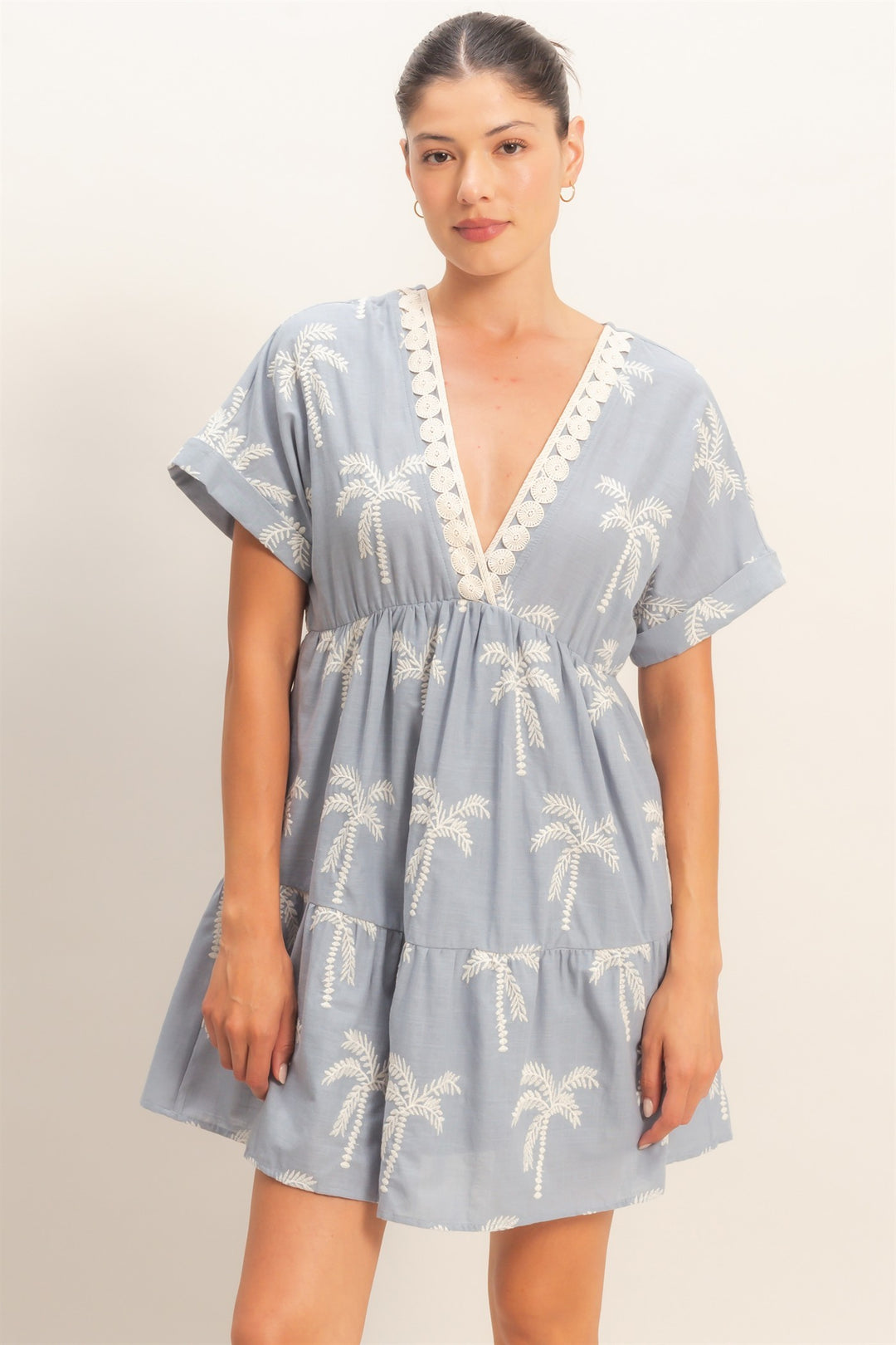 SHORT SLEEVE EMBROIDERED PALM TREE TIERED SHORT DRESS - DUSTY BLUE