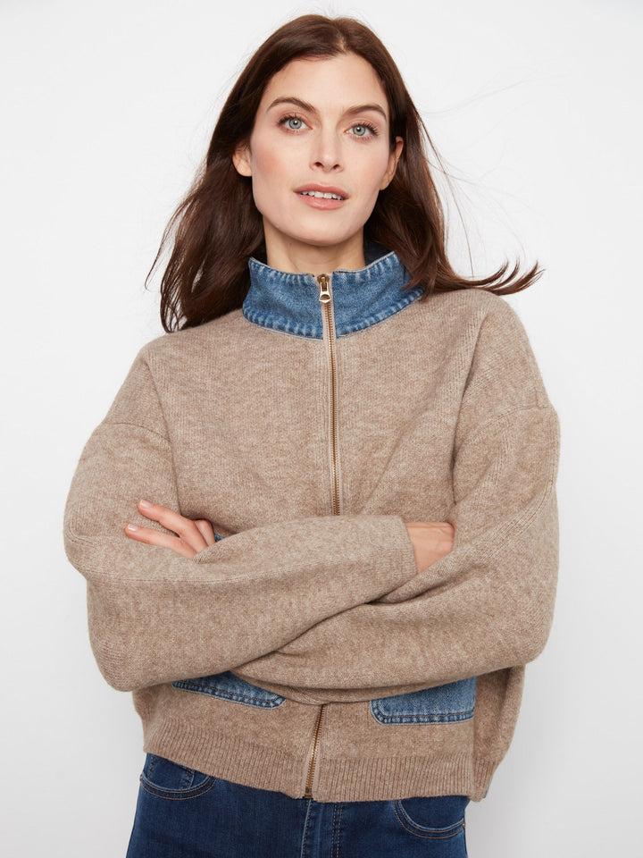 LONG SLEEVE ZIPPED SWEATER JACKET WITH DENIM POCKETS &amp; COLLAR - HEATHER SAND