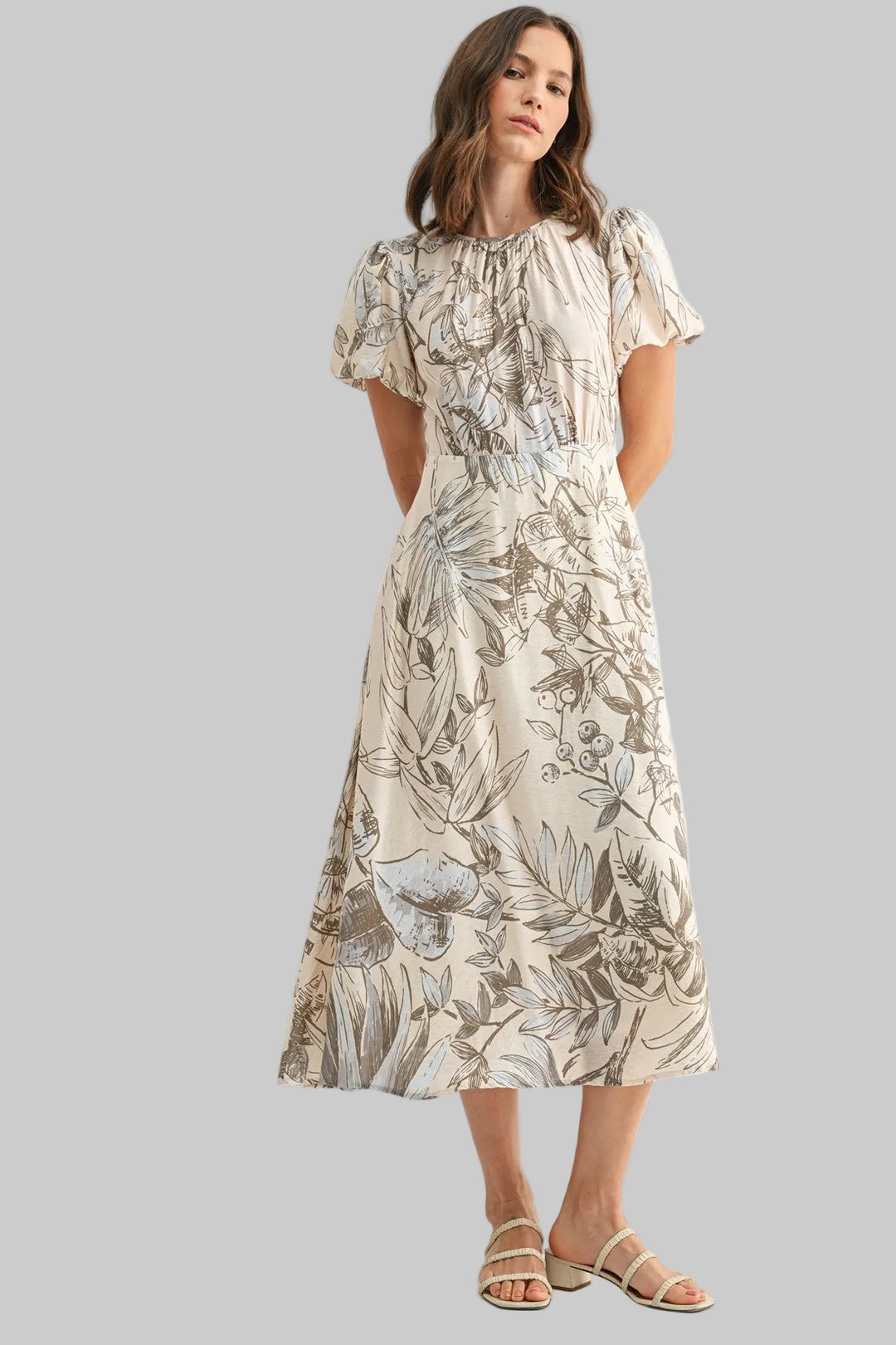 PUFF SLEEVE LEAF PRINT MIDI DRESS - NATURAL/OLIVE