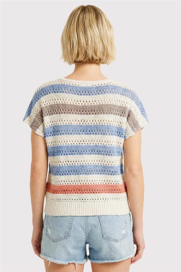 MULTI COLOR STRIPED CROCHET KNIT TOP - BLUE/GREY