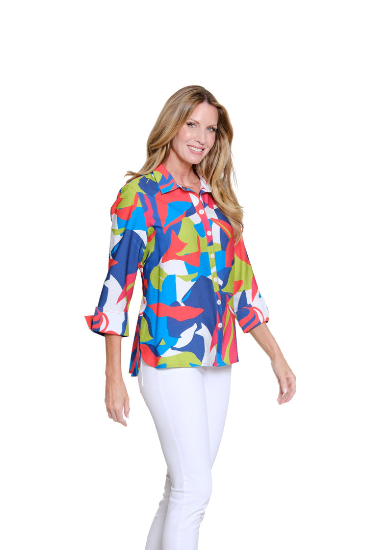 TURN-UP 3/4 SLEEVE BUTTON FRONT HI/LOW SHIRT - BOLD PRINT BLUE/LIME/CORAL