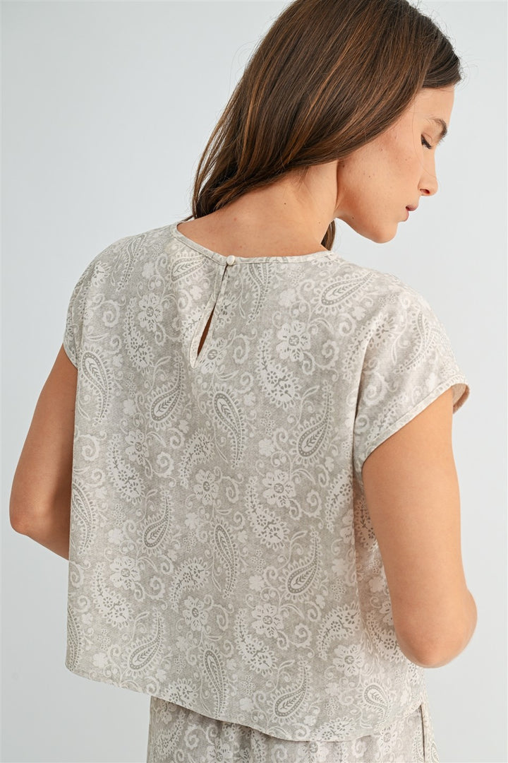 CAP SLEEVE PAISLEY BOXY TOP - OATMEAL
