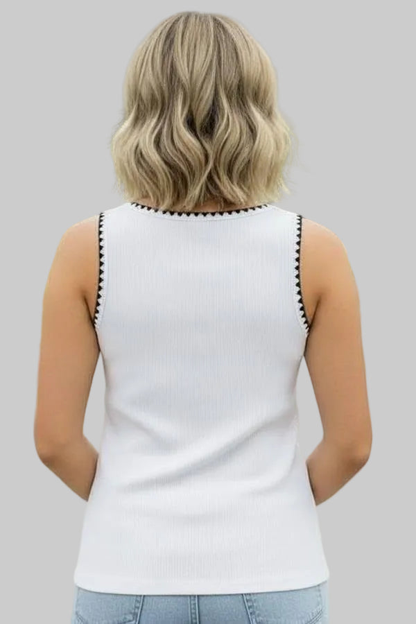 RIBBED SCOOP NECK STITCH TANK TOP - WHITE