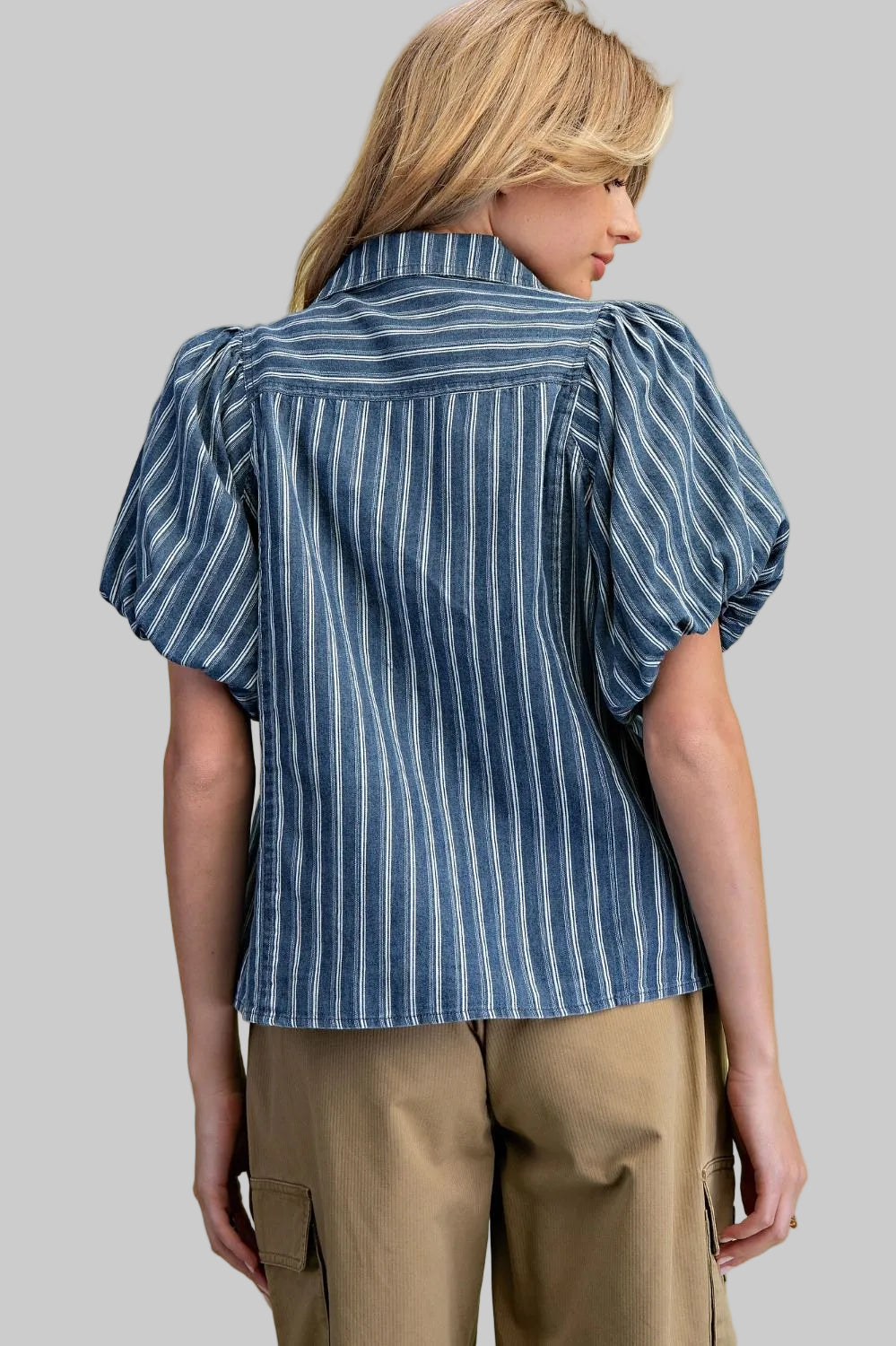 BUBBLE SLEEVE STRIPED MINERAL WASHED DENIM SHIRT - NAVY