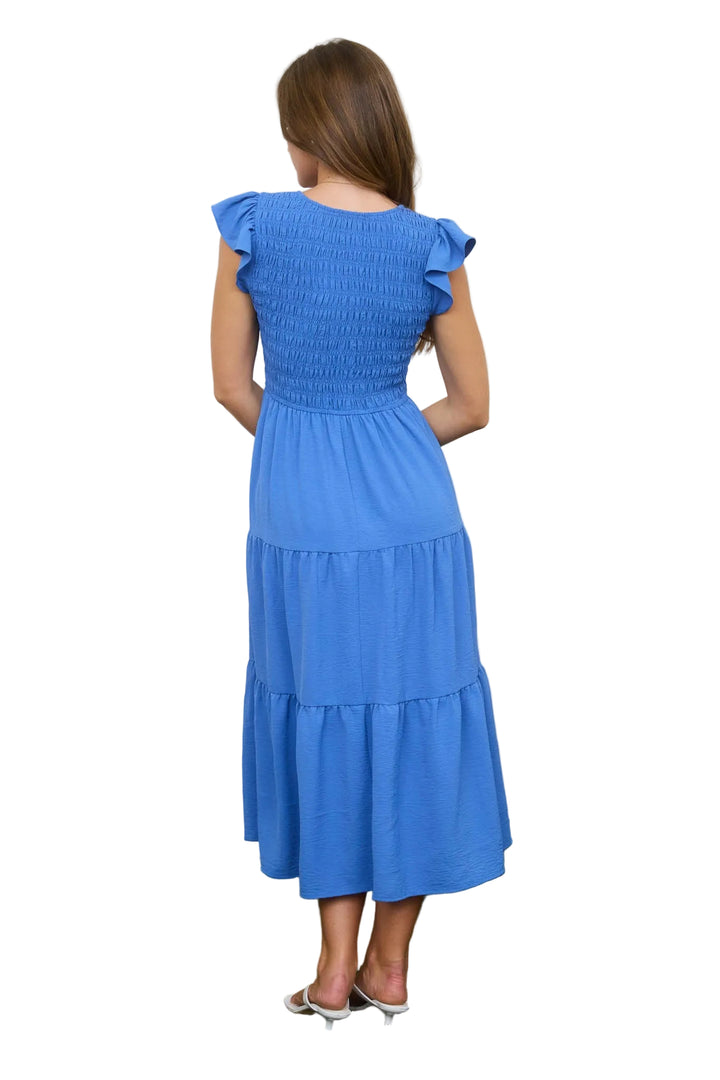 FLUTTER SLEEVE SMOCKED BODICE MIDI DRESS - DUSTY BLUE