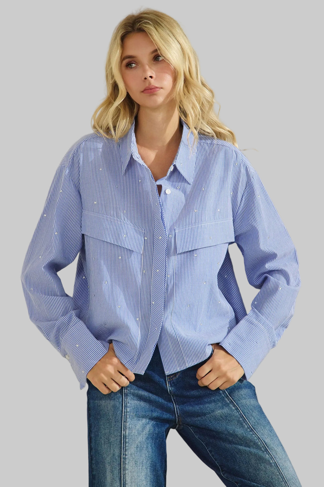 STRIPED W/RHINESTONE STATEMENT TOP - INDIGO BLUE