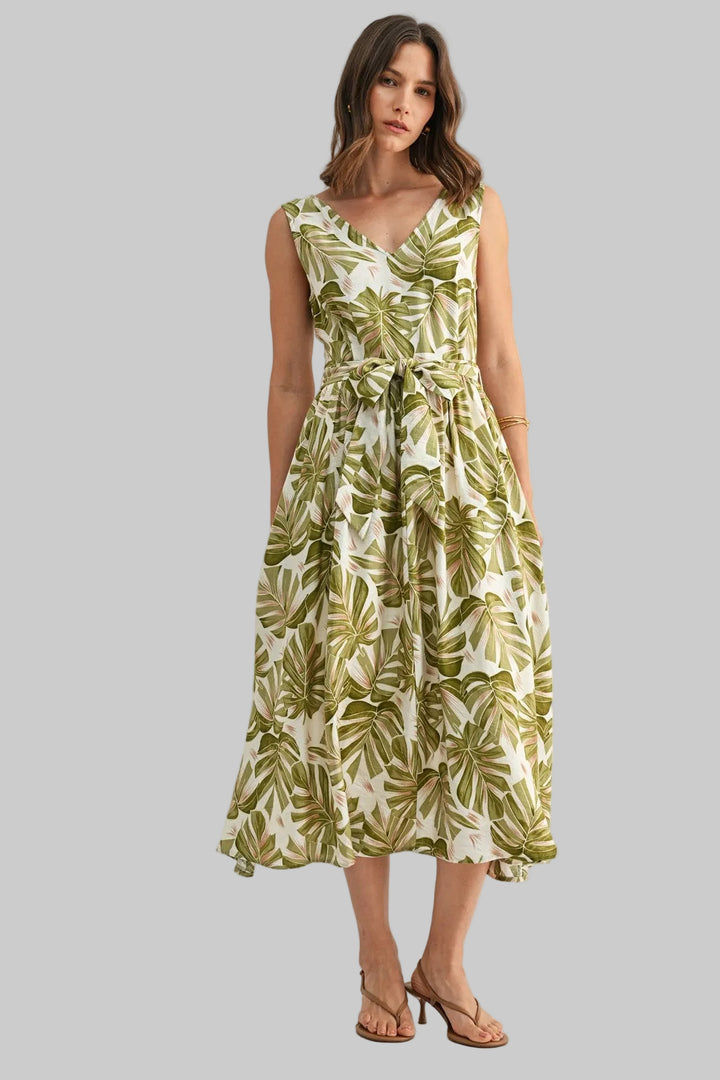 V-NECK LEAF PRINT MAXI DRESS W/BELT - OLIVE