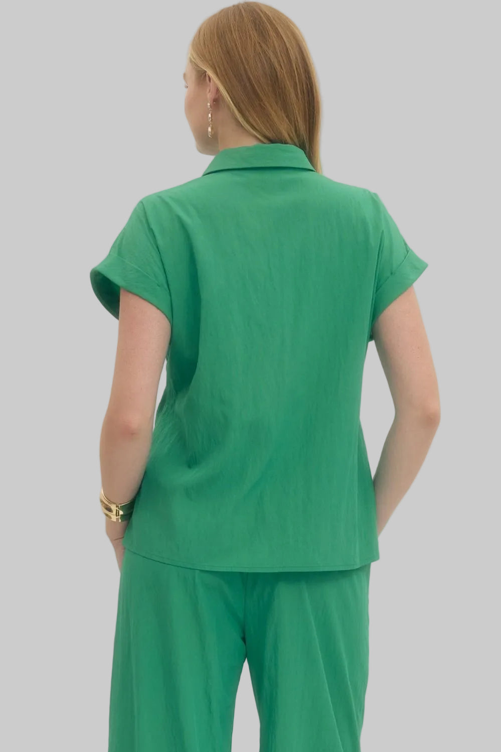 SHORT SLEEVE BUTTON UP TIE DETAIL TOP - GREEN