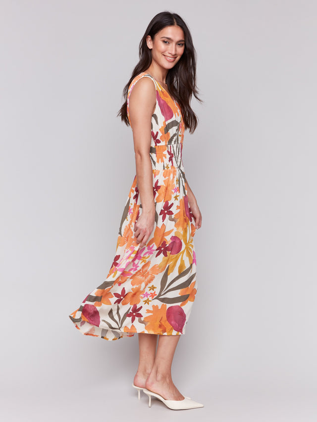 PRINTED SLEEVELESS EMPIRE WAIST DRESS - BOUQUET