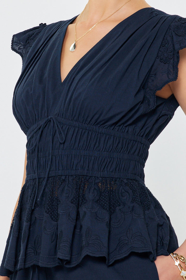 FLUTTER SLEEVE ELASITCIZED WAIST BLOUSE - NAVY