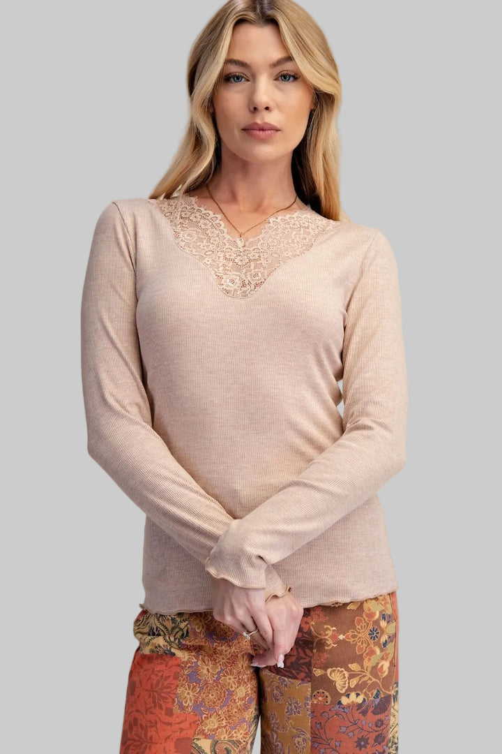LONG SLEEVE BABY RIB KNIT LACE INSET TOP - LATTE