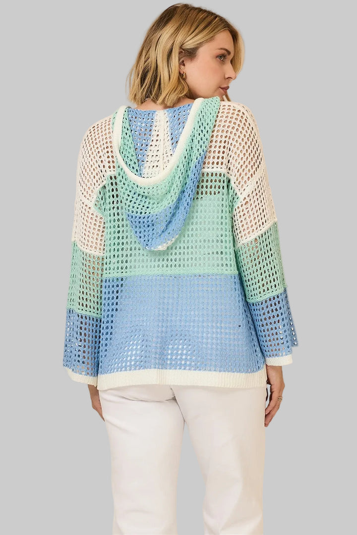 LONG SLEEVE OPEN KNIT COLOR BLOCKED HOODED SWEATER - SEAGLASS