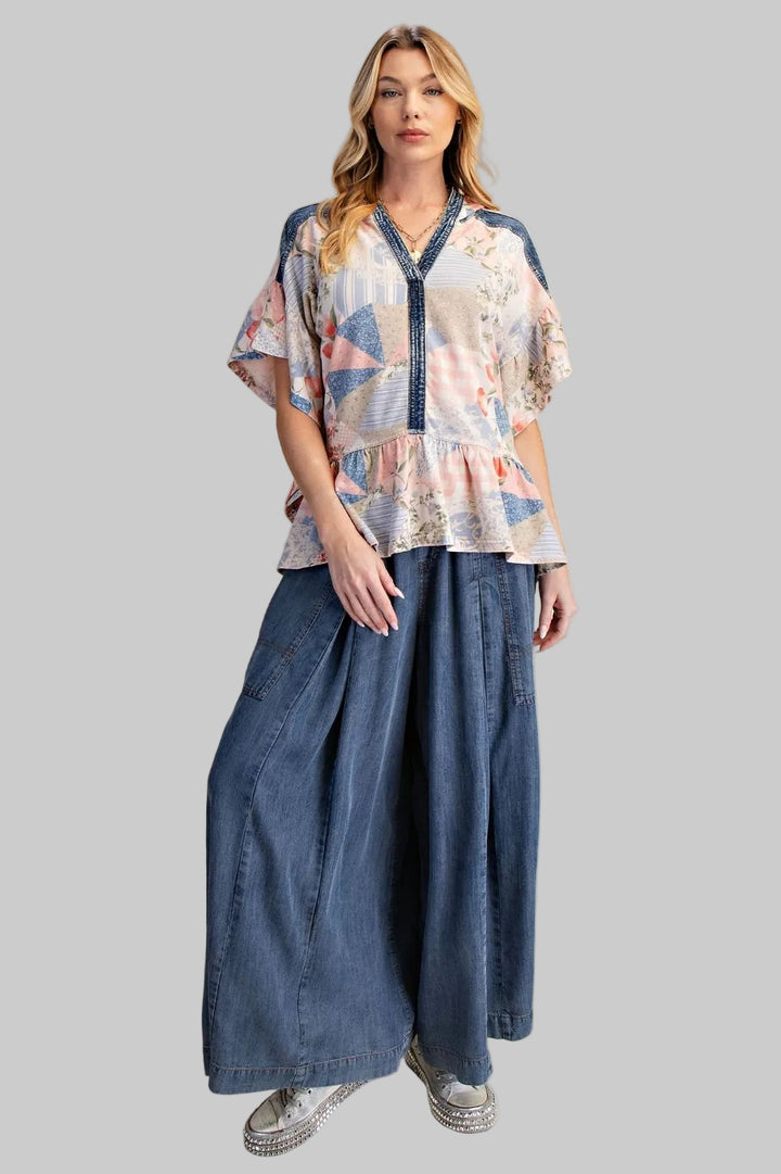 PATCHWORK MIX FLORAL/GEO PRINT PEPLUM TOP - BLUSH