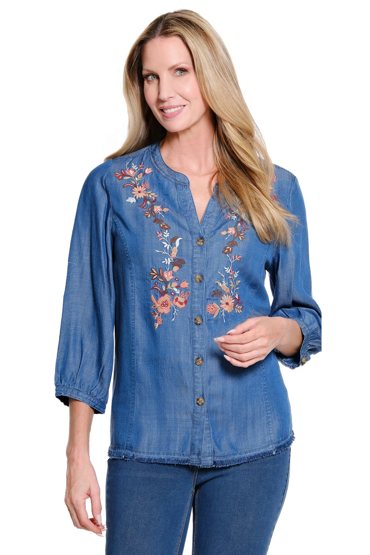 3/4 SLEEVE BUTTON FRONT FRINGE HEM EMBROIDERED TOP - DENIM