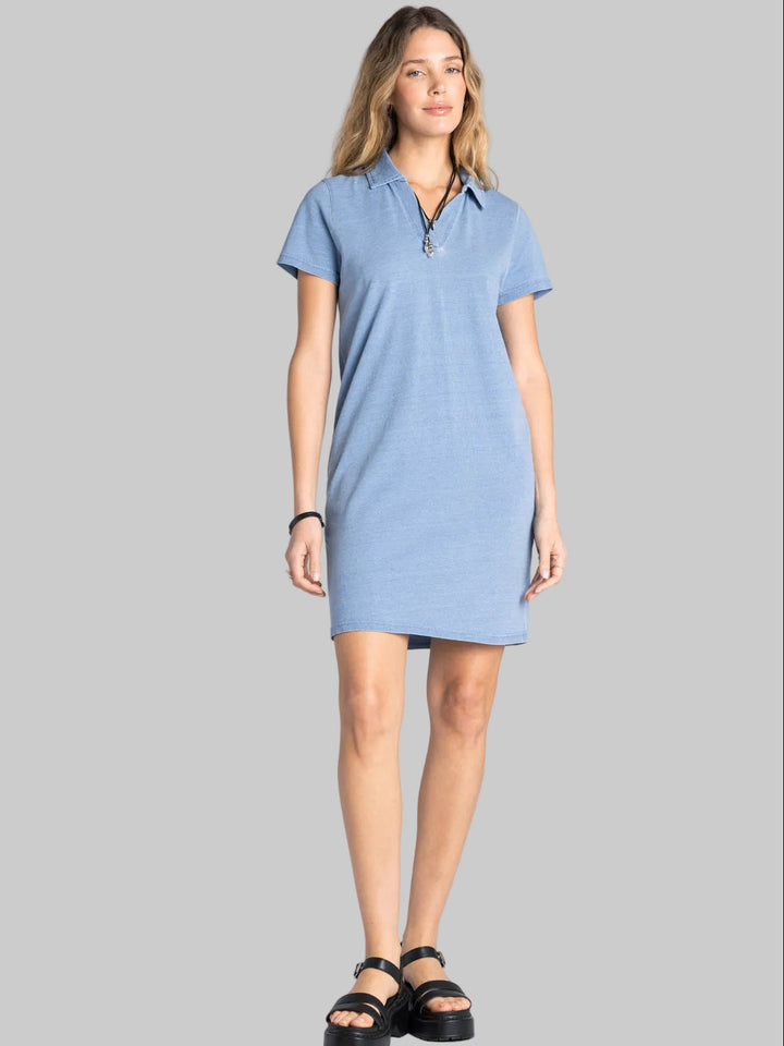 COLLARED V-NECK SOLID SHORT ALLIUM DRESS - LIGHT DENIM BLUE