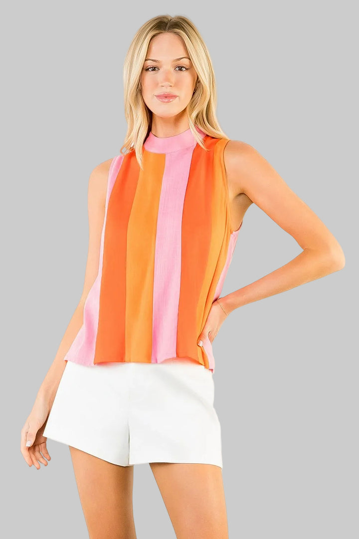 SLEEVELESS STRIPE TIED BACK TOP - PINK/ORANGE