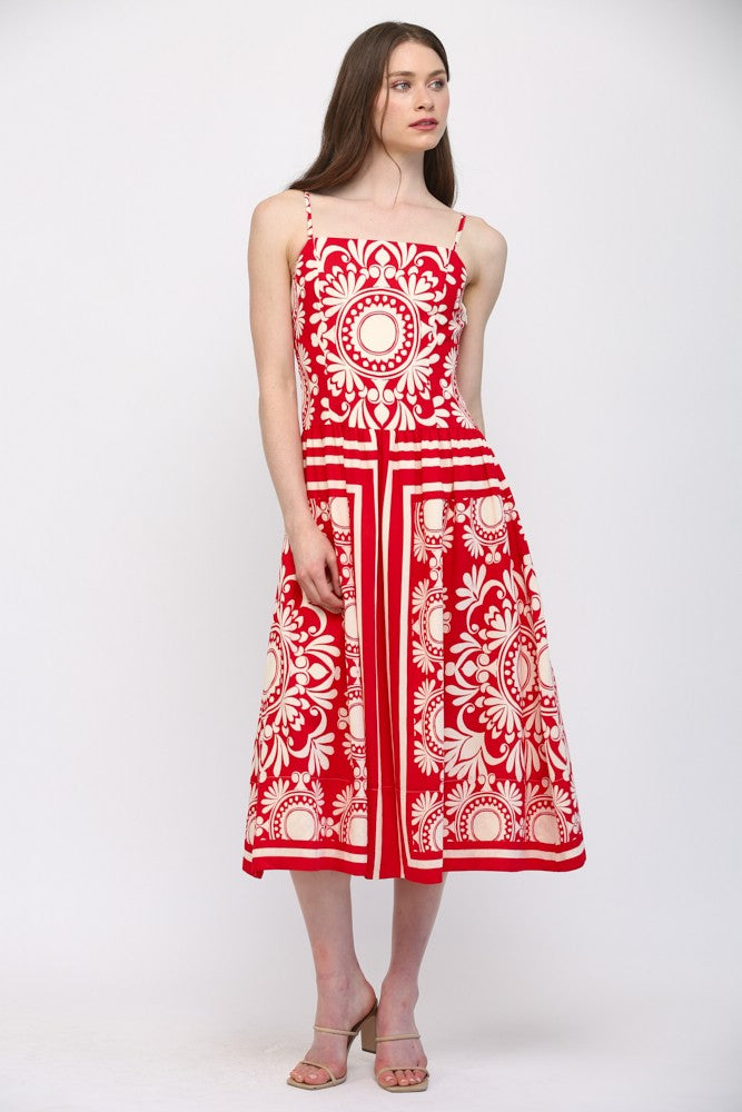 SLEEVELESS FITTED BODICE MIDI DRESS - RED/IVORY
