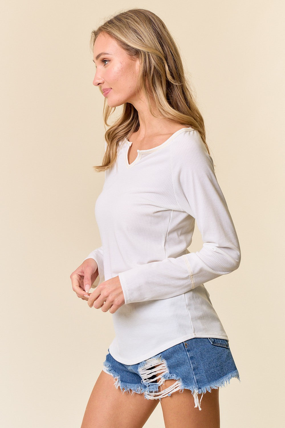 SOFT RIBBED V-NECK LONG SLEEVE TOP - IVORY