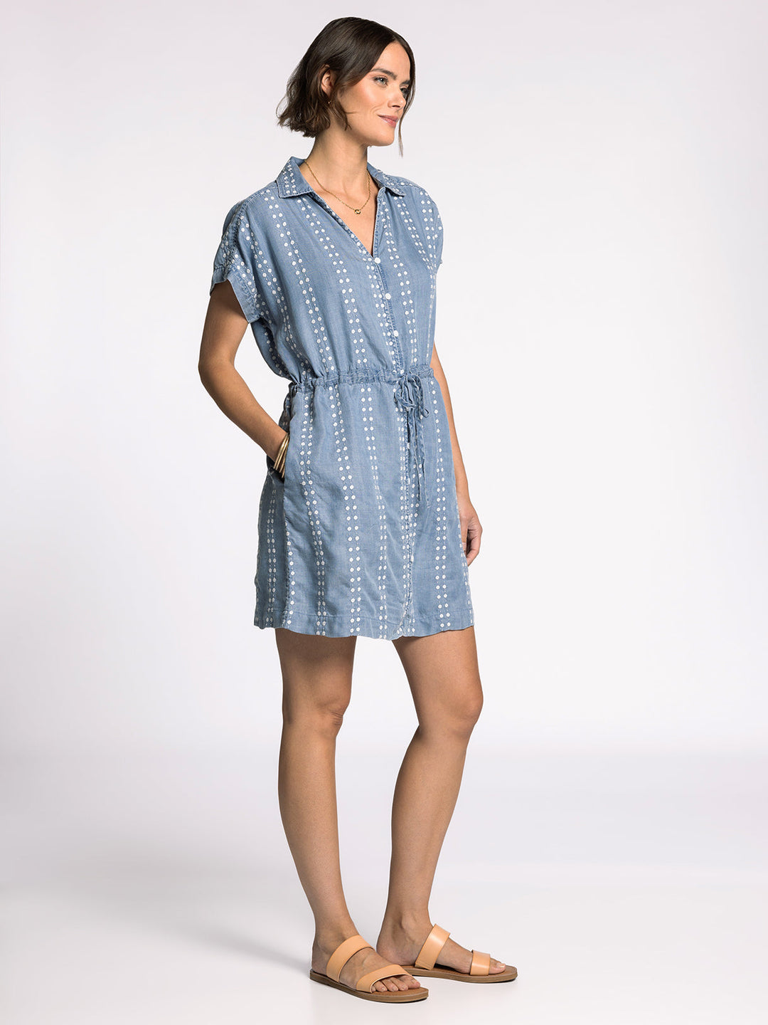 SHORT SLEEVE DENIM NATALIA DRESS - DAISY STRIPE EMBROIDERY