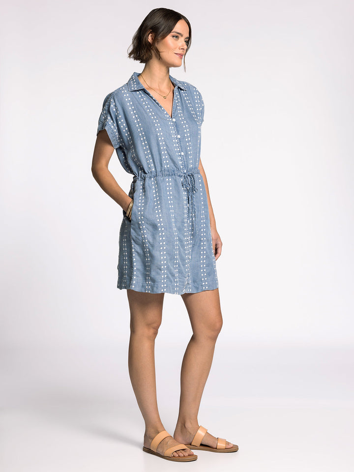 SHORT SLEEVE DENIM NATALIA DRESS - DAISY STRIPE EMBROIDERY