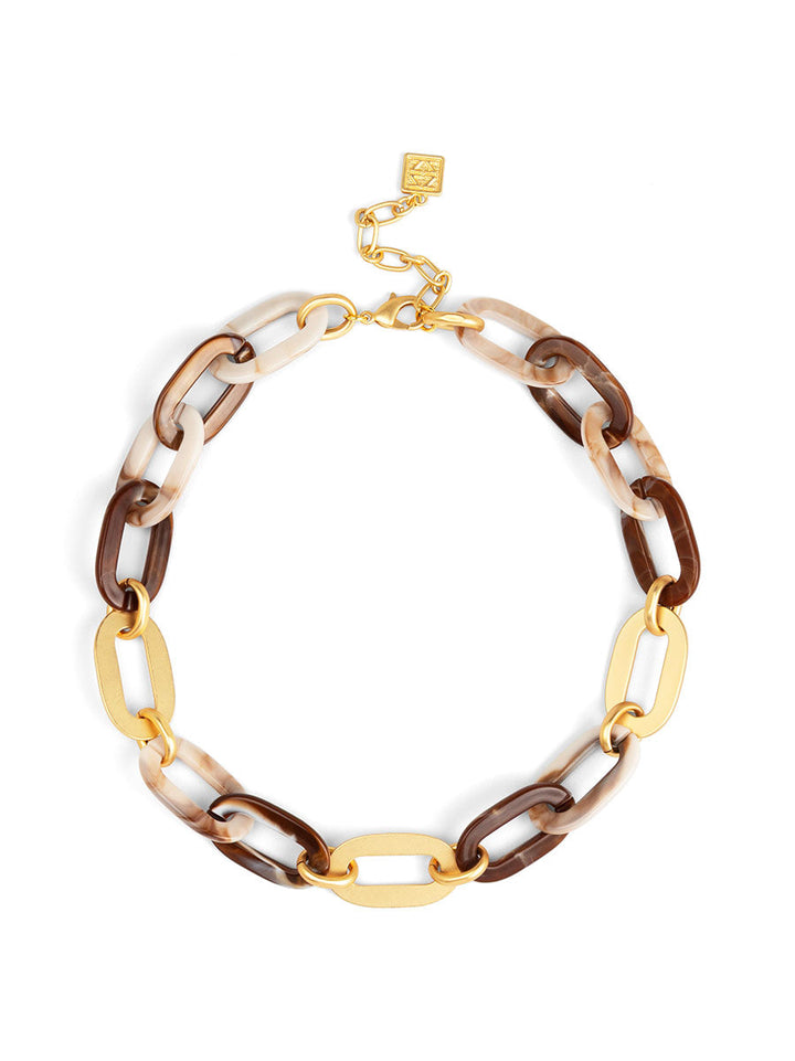 MARBLED RESIN & MATTE GOLD LINK SHORT NECKLACE - BEIGE