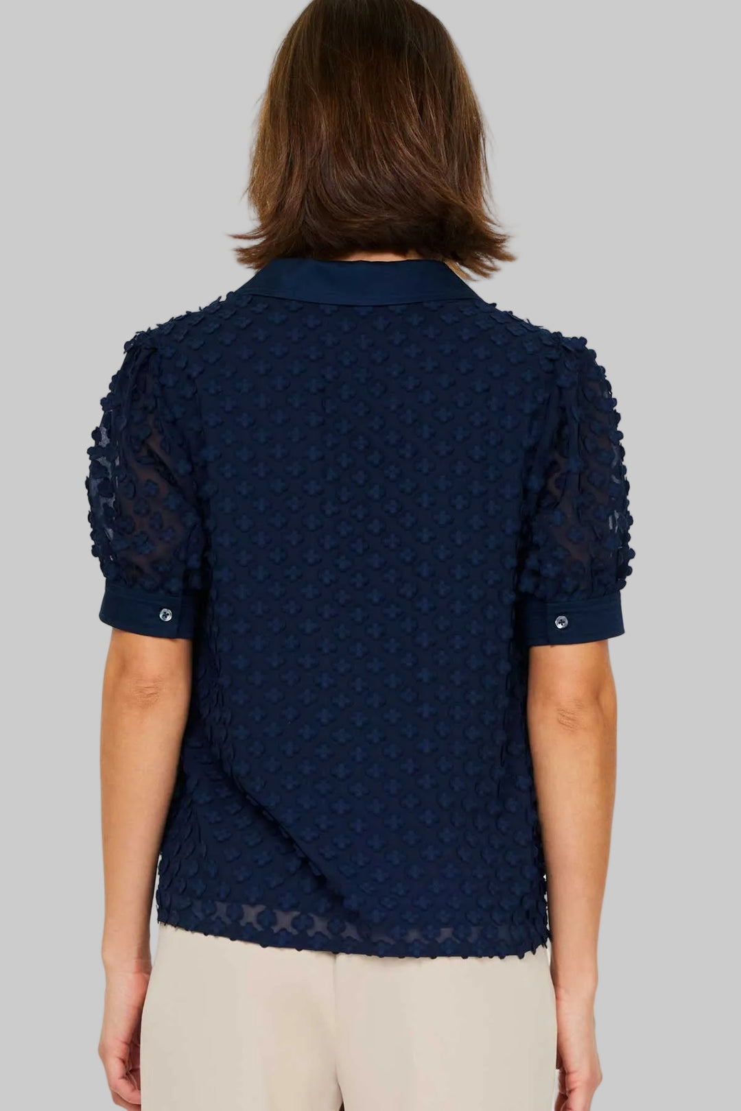 HALF SLEEVE COLLARED SPLIT NECK BUTTON DOWN BLOUSE - NAVY