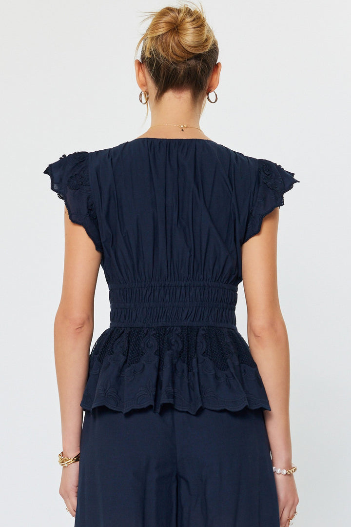 FLUTTER SLEEVE ELASITCIZED WAIST BLOUSE - NAVY