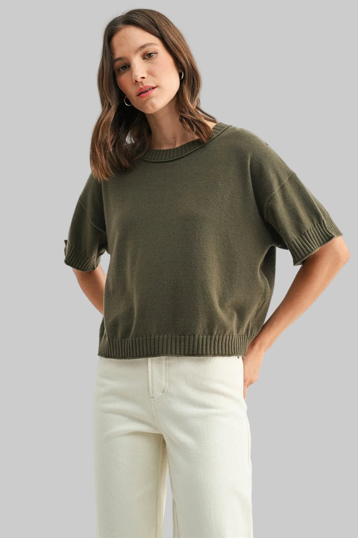 SHORT SLEEVE CREW NECK CROP SWEATER - OLIVE