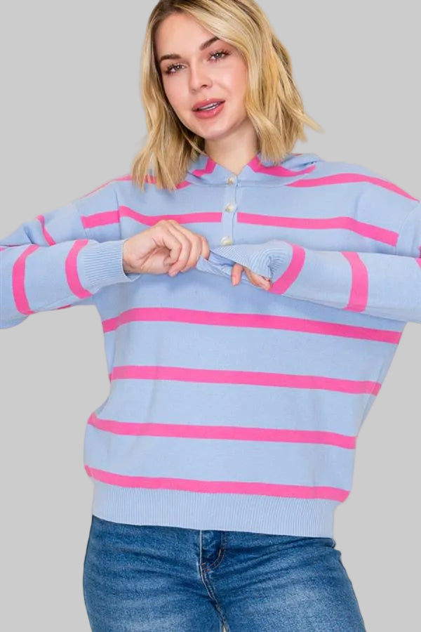 HALF BUTTON STRIPED PULLOVER W/HOOD - LIGHT BLUE