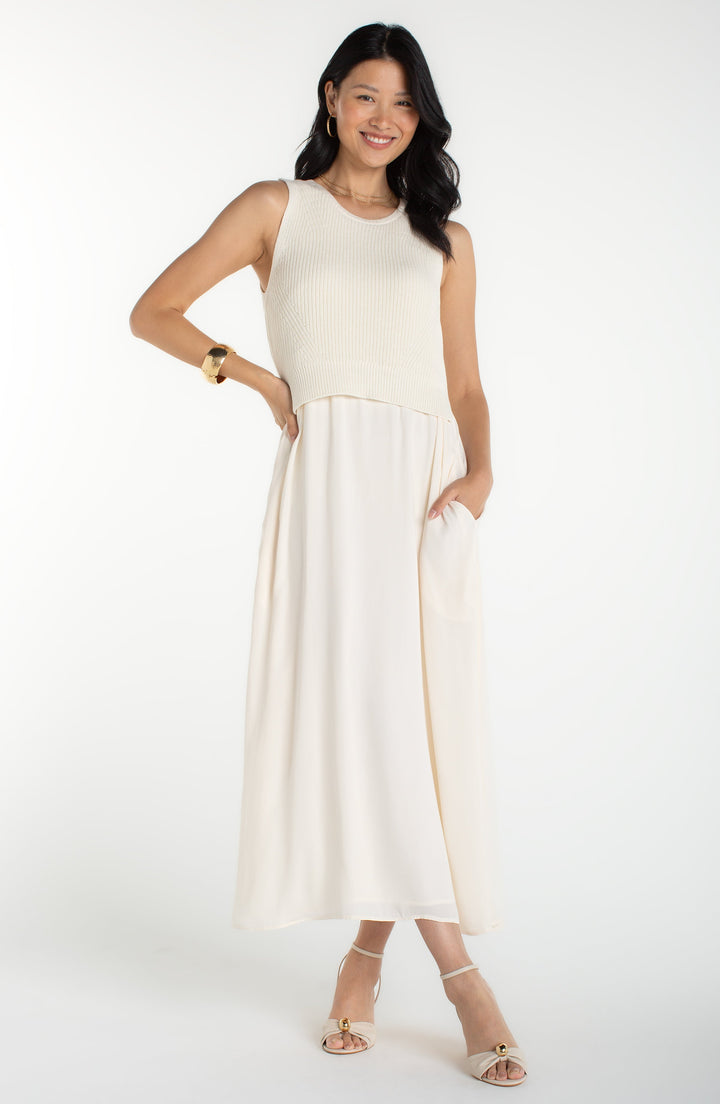 SLEEVELESS CREW NECK TIE BACK SWEATER WOVEN DRESS - CREAM
