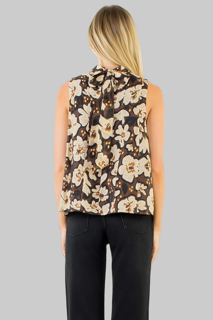 SLEEVELESS FLORAL PRINT FLOWY BLOUSE W/BACK TIE - BROWN