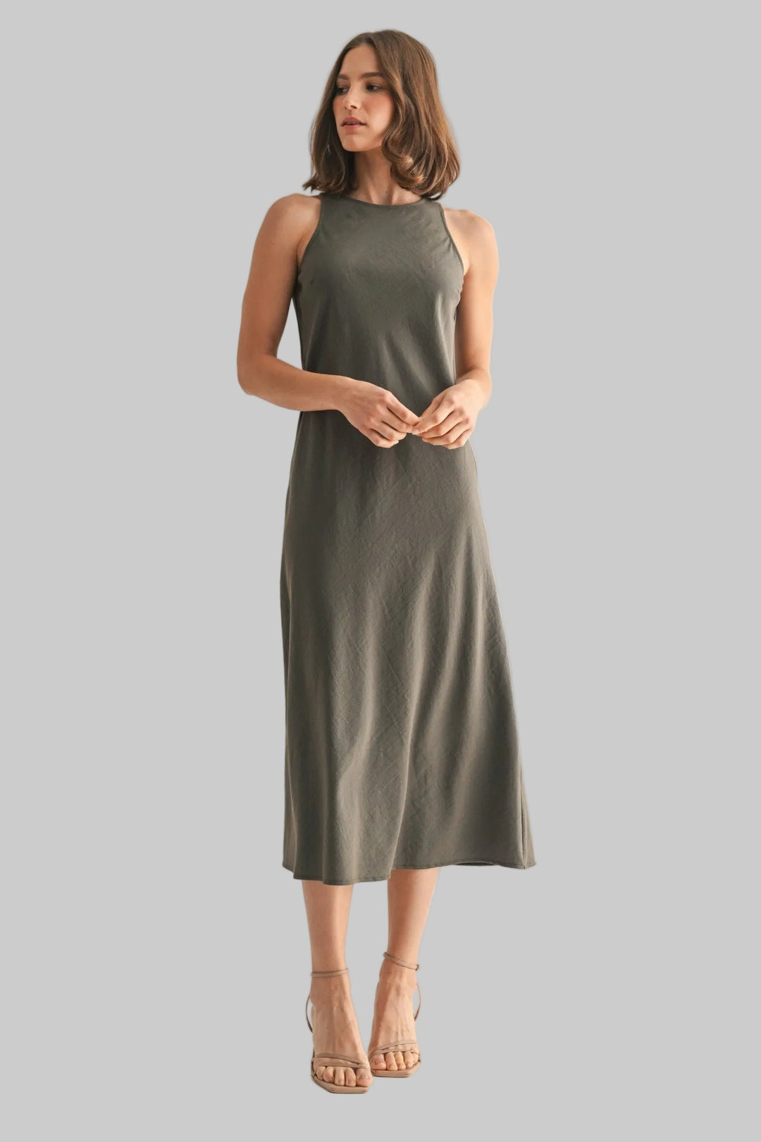 SLEEVELESS SOLID MIDI DRESS - OLIVE