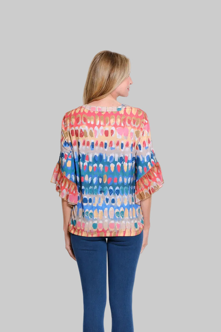ELBOW FLOUNCE SLEEVE BUTTON FRONT TOP - ABSTRACT NAVY/GREEN/RED