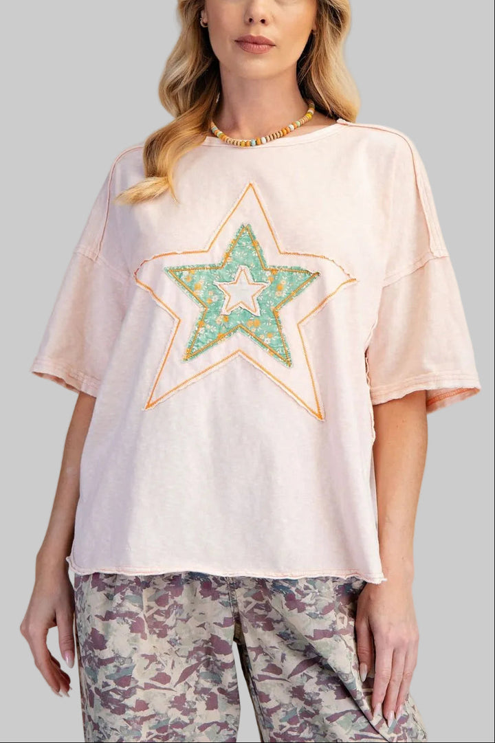 OVERSIZED SHORT SLEEVE STAR PATCH COTTON TOP - LIGHT PEACH