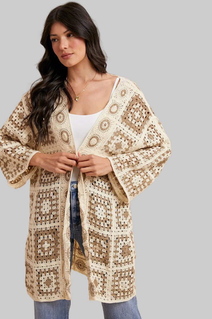 LONG SLEEVE CROCHET LONG OPEN CARDIGAN - CREAM/MOCHA