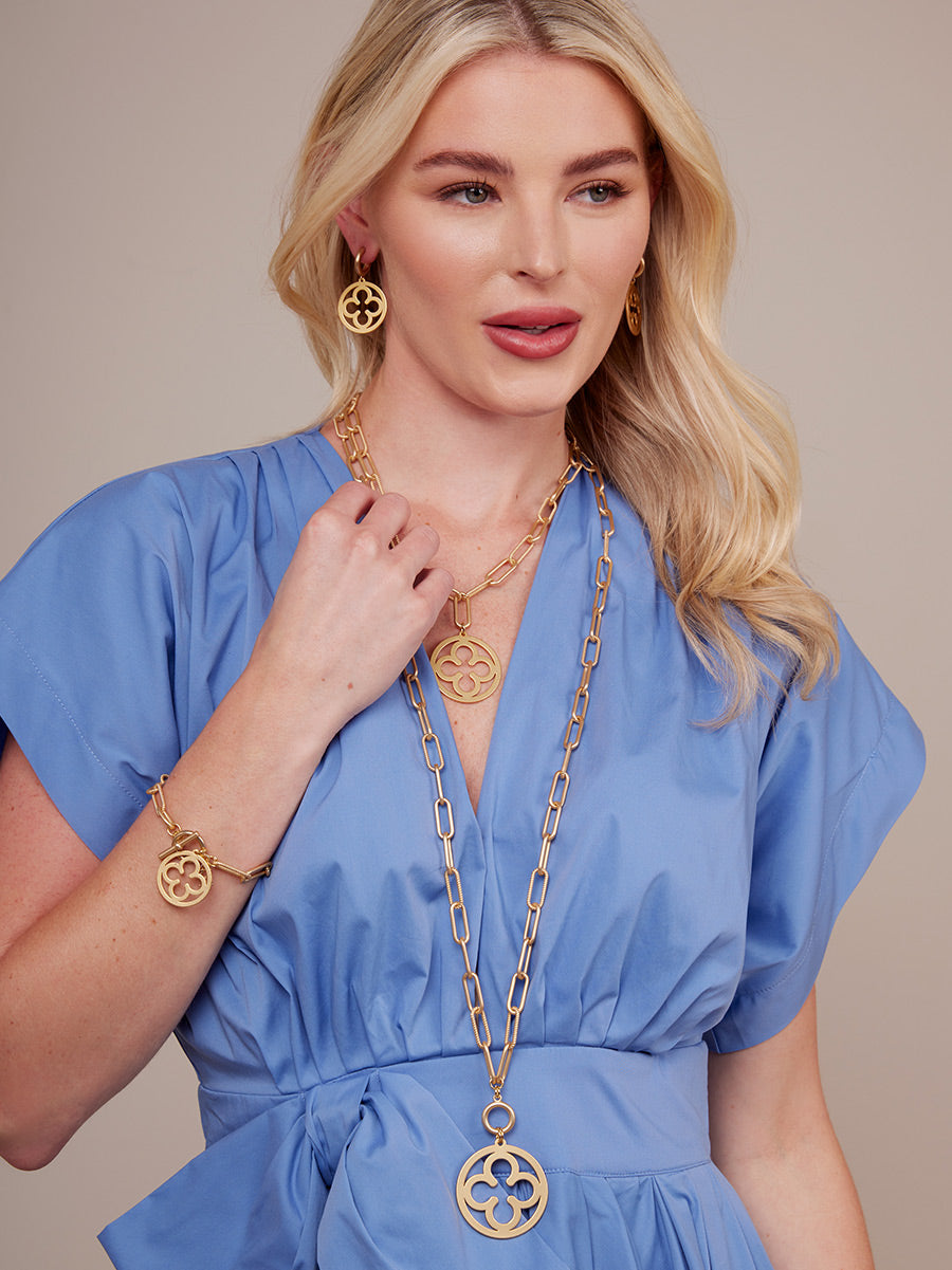 CIRCLE CLOVER PENDANT LINK NECKLACE - MATTE GOLD