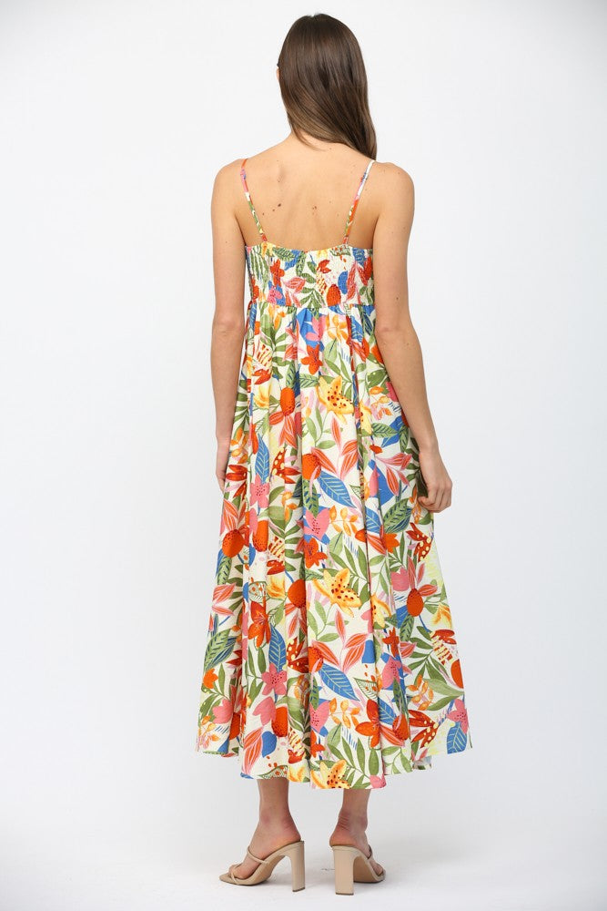 SPAGHETTI STRAP FRONT BOW TIE MIDI DRESS - WHITE MULTI