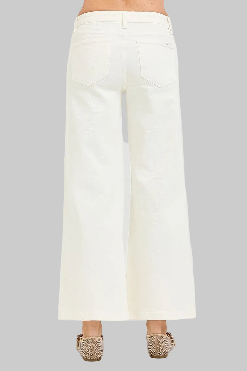 RISEN MR TUMMY CONTROL FLOWER CROP WIDE LEG - CREAM- 27" INSEAM