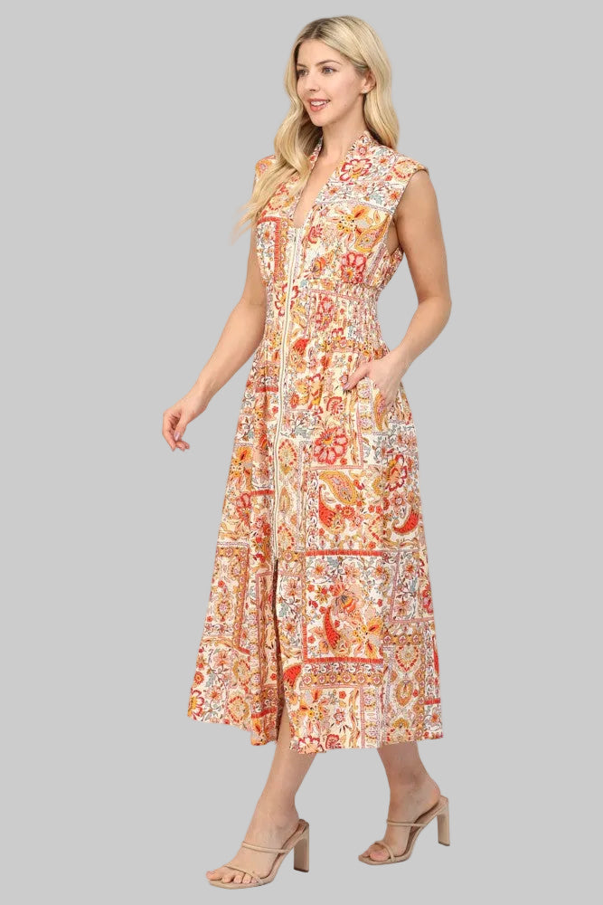 SLEEVELESS V-NECK FRONT ZIP PRINTED MIDI DRESS - CREAM MULTI