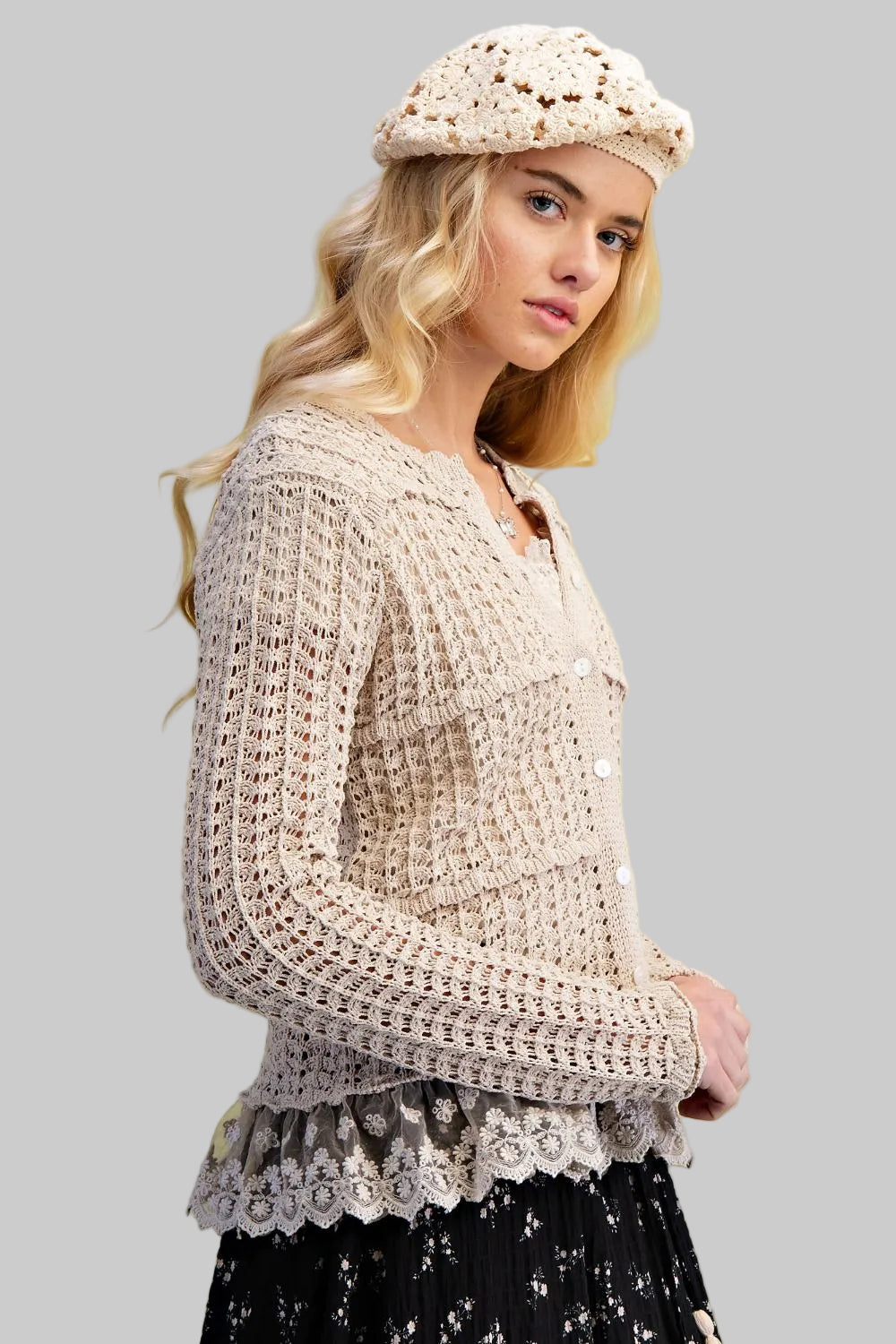 L/S LACE BOTTOM KNIT CARDIGAN - NATURAL