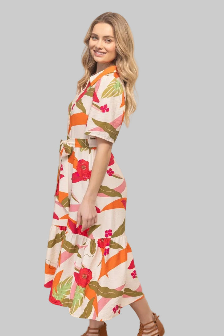 SHORT BUBBLE SLEEVE ZIP FRONT FLORAL MIDI DRESS - CREAM
