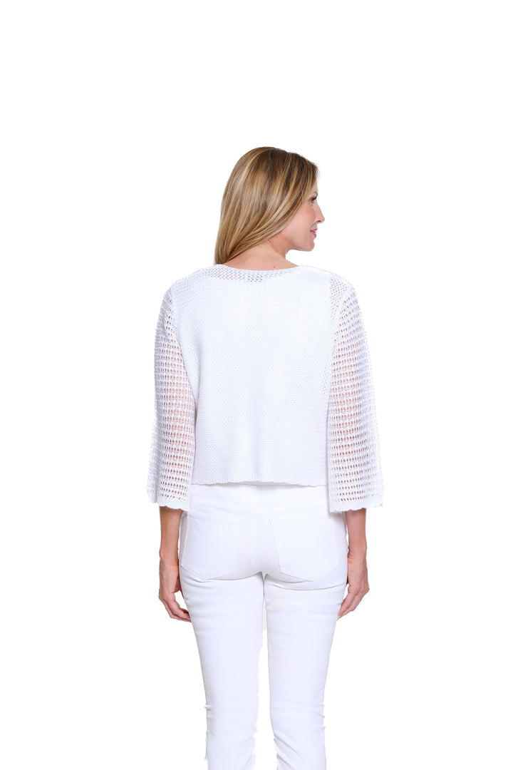3/4 SLEEVE TIE FRONT KNIT SWEATER CARDIGAN - WHITE