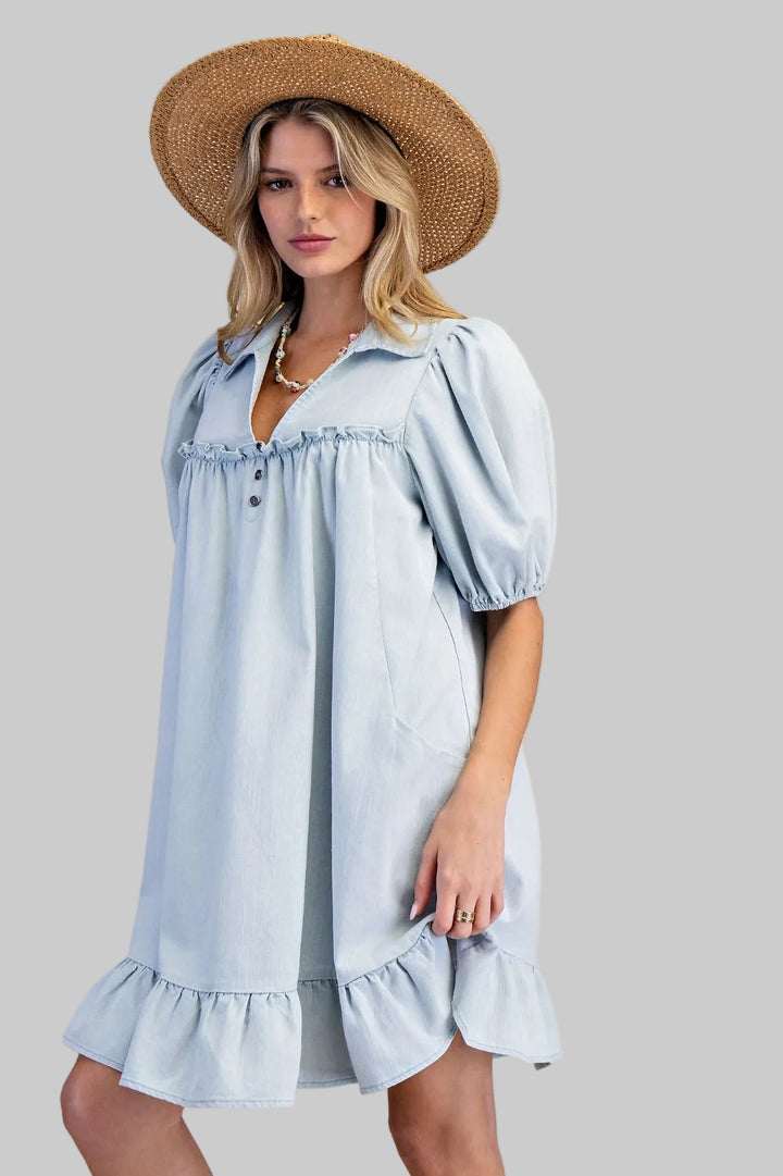 RUFFLE BOTTOM WASHED CHAMBRAY SHORT DRESS - LIGHT DENIM - MEDIUM